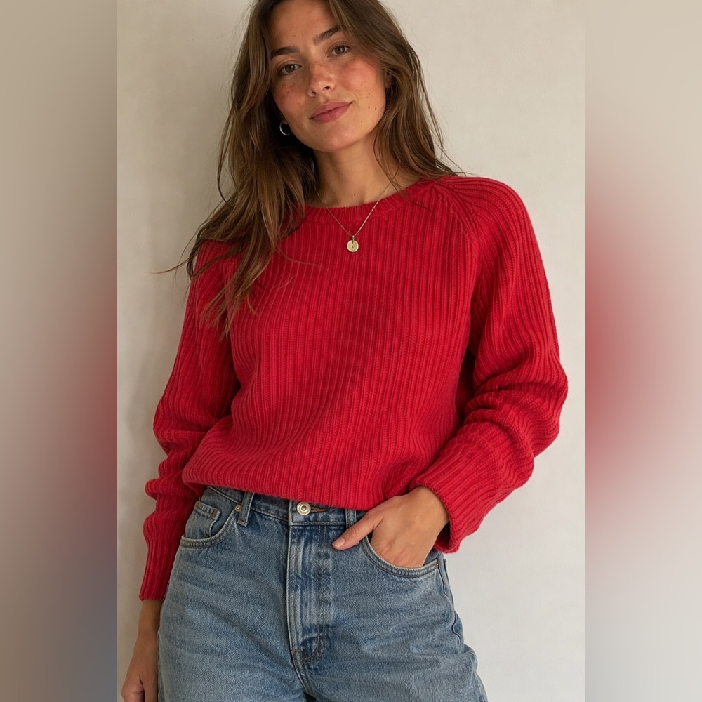 Vintage Rare LL Bean Red Rib Knit Cotton Sweater Made in Australia Small